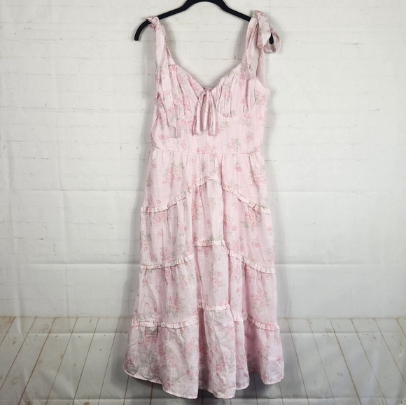 Francesca's Preppy Ellena Tie Strap Ruffle Tiered Midi Milkmaid Dress in Pink M - Picture 2 of 16
